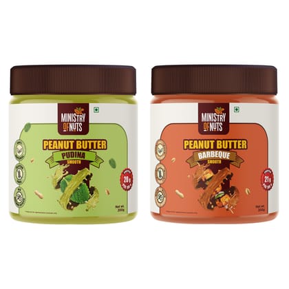 Ministry Of Nuts Pack Of 2 Pudina Smooth Peanut Butter & Barbeque Smooth peanut Butter Total 400g.