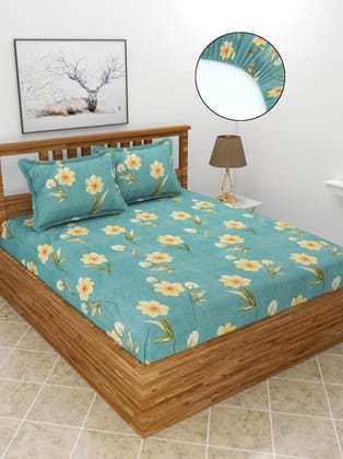 MORADO Premium Poly Cotton Elastic Fitted Double Bedsheet with 2 Pillow Covers (72x78x8 Inches, Green Yellow Flower)