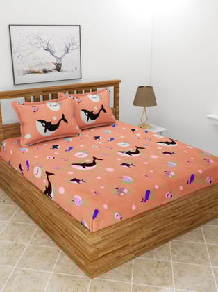 MORADO Premium Poly Cotton Elastic Fitted Double Bedsheet with 2 Pillow Covers (72x78x8 Inches, Pink Doulphin)