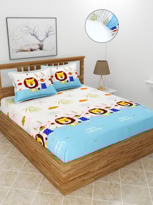 MORADO Premium Poly Cotton Elastic Fitted Double Bedsheet with 2 Pillow Covers (72x78x8 Inches, White Lion)