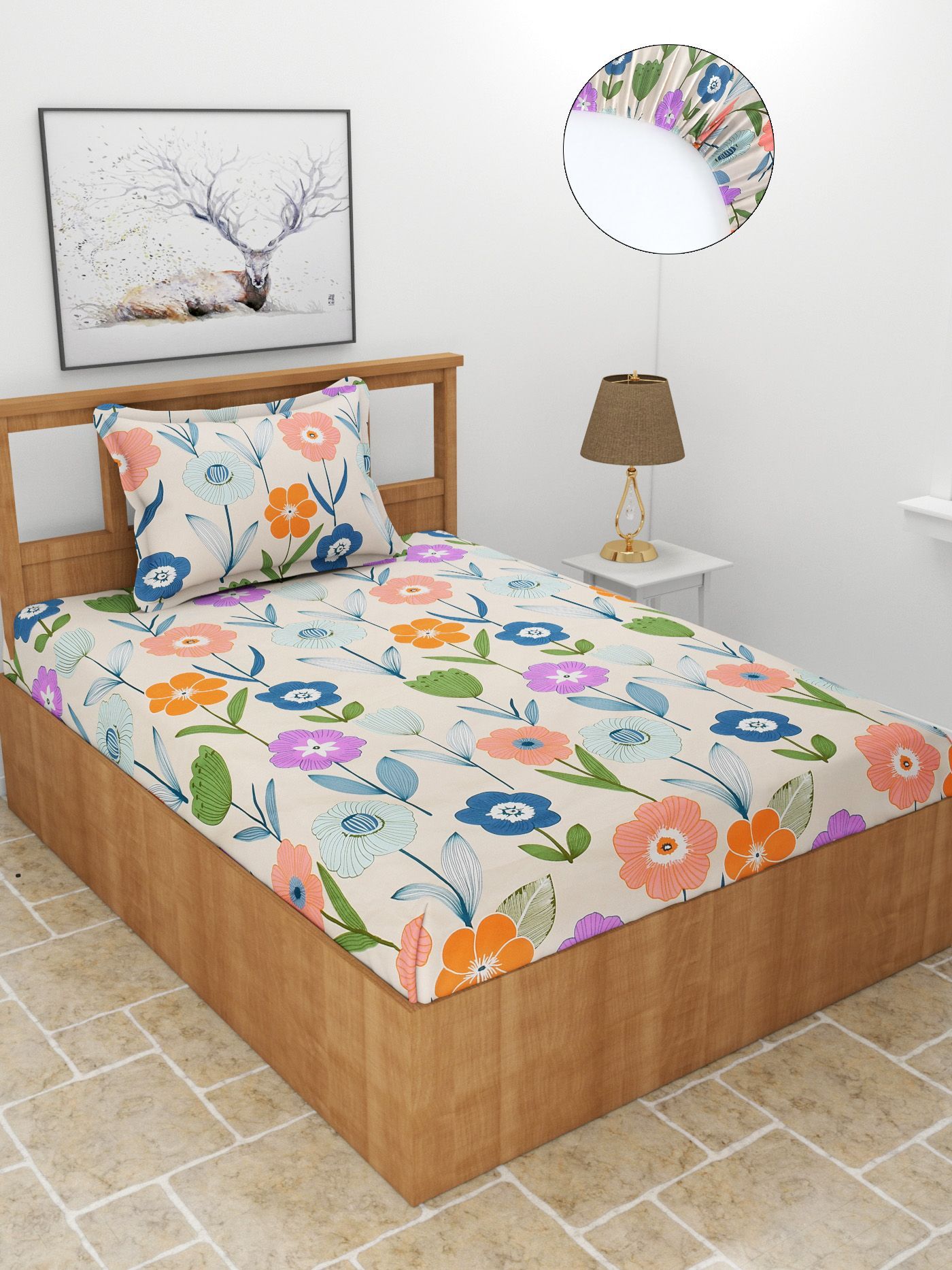 MORADO Premium Poly Cotton Elastic Fitted Single Bedsheet with 1 Pillow Cover (36x72x8 Inches, OffWhite Colorful Flower)