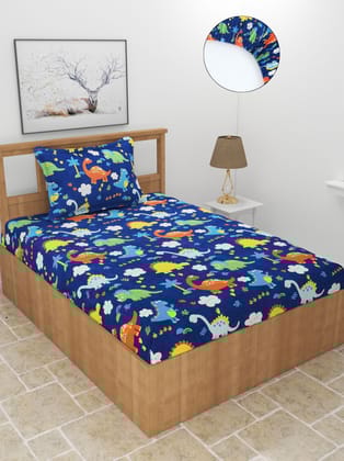MORADO Premium Poly Cotton Elastic Fitted Single Bedsheet with 1 Pillow Cover (36x72x8 Inches, Blue Dianasore)