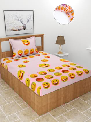MORADO Premium Poly Cotton Elastic Fitted Single Bedsheet with 1 Pillow Cover (36x72x8 Inches, Emojis)