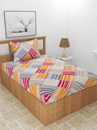 MORADO Premium Poly Cotton Single Bedsheet with 1 King Size Pillow Cover (60x90 Inches, Lines In Blocks)