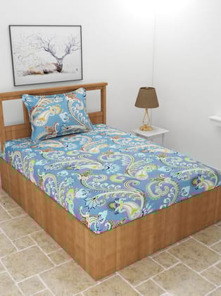 MORADO Premium Poly Cotton  Single Bedsheet with 1 King Size Pillow Cover (60x90, Inches, Blue RajsthaniPrnt)