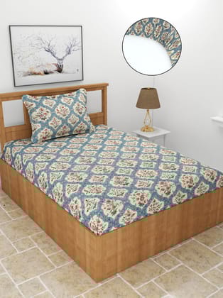 MORADO Premium Poly Cotton 210 TC Single Elastic Fitted Bedsheet with 1 King Size Pillow Covers (36x72x8 Inches, Unique Flower)