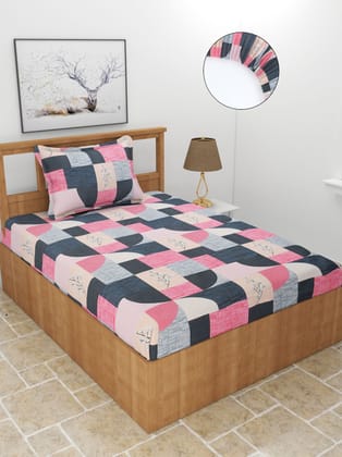 MORADO Premium Casement CottonElastic Fitted Single Bedsheet with 1 Pillow Cover (36x78x6 inches, Pink Curves)