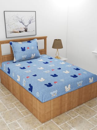 MORADO Premium Cotton Casement Single Bedsheet with 1 Pillow Cover (60x90 inches, Blue Rabbits)