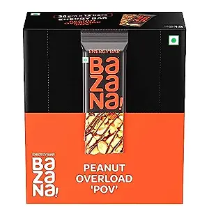 Bazana Peanut Energy Bars(POV) | Indulgent Nutty Flavor | Protein-Packed for Muscle Repair | Fiber-Rich for Digestive Health | Healthy Snack | Almond and Pista Infused, Mixed Nuts, 38g x 12 Bars