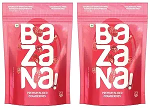 Bazana - Premium Dried Sliced Cranberries 215g x 2| Antioxidant-Rich & Vitamin C Enriched | No Artificial Color | Ideal for On-the-Go Snacking and Recipe Enhancement | Loved by Kids and Adults..