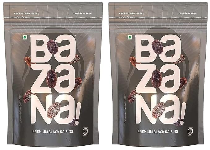 Bazana Premium Black Kismis Raisins - Dried Grapes Kishmish - 210g x 2 in Ziplock Pouch - Rich in Iron & Vitamin B