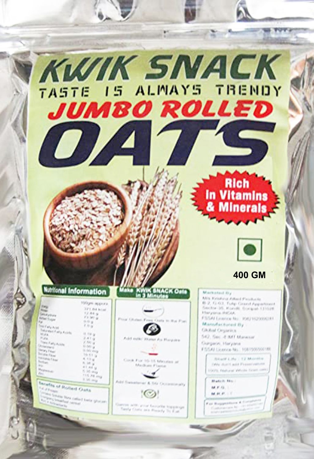 KWIK SNACK JUMBO ROLLED OATS - 500 GM