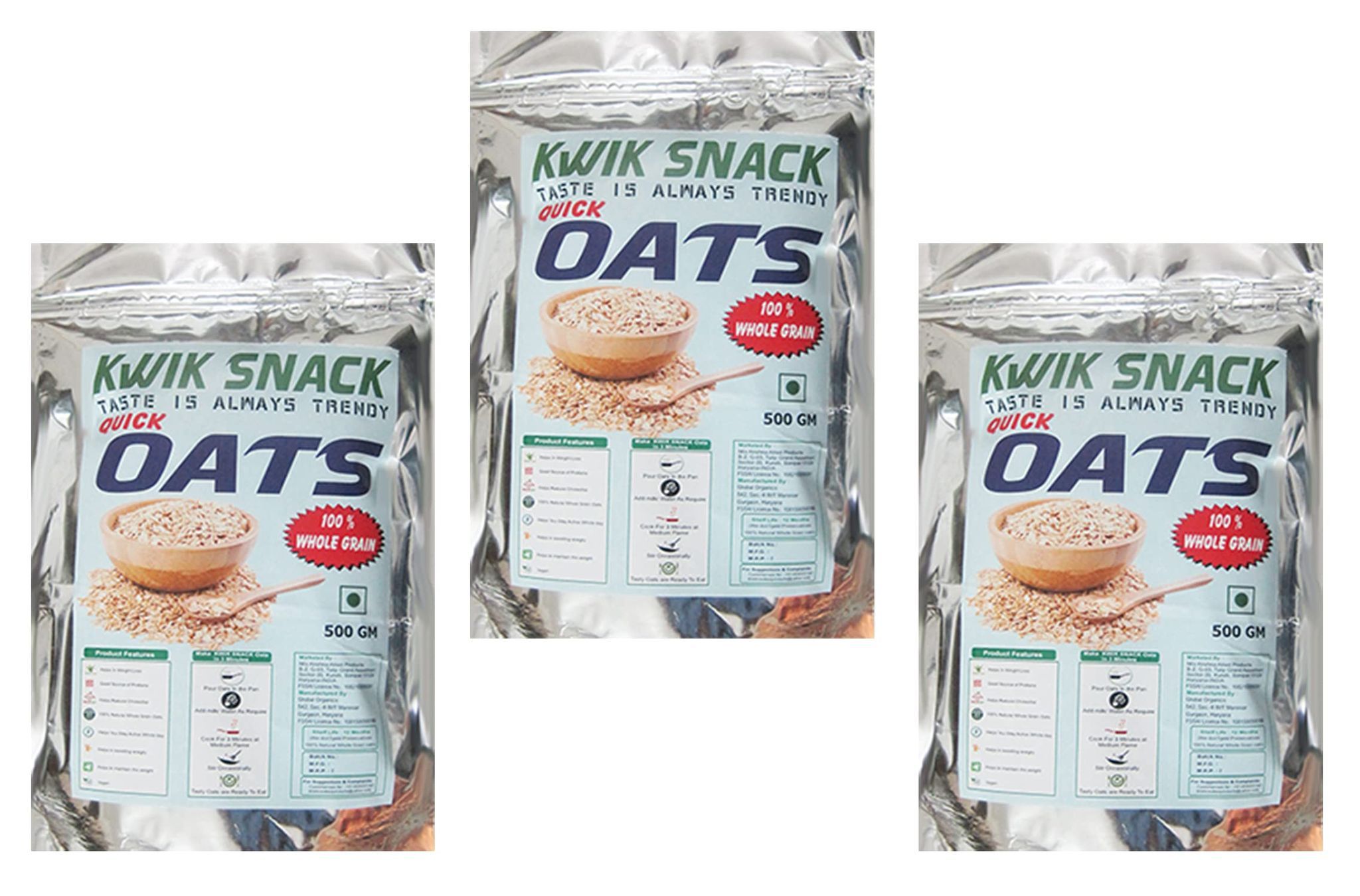 KWIK SNACK COMBO PACK OF 3 QUICK OATS OF (450 GM EACH) 3 X 450 GM = 1.35 KG- 100% Natural Whole Grain Oats - Healthy Breakfast - Zero Cholesterol - Good source of proteins - Gluten Free Oats with High Fiber - Promotes Weight Loss
