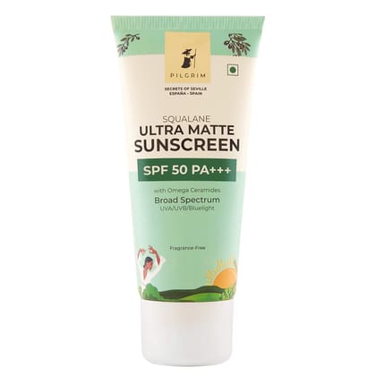 Pilgrim Squalane ULTRA MATTE SUNSCREEN SPF 50 PA+++ for women & men with Omega Ceramides & Vitamin E | Broad spectrum, Non-greasy, No white cast | All skin types | 50 gm