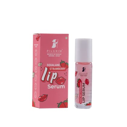 Pilgrim Squalane Lip Serum (Strawberry) with roll-on for Visibly Plump Lips | Hydrating Lip serum for dark lips | Lip serum with Shea Butter & Pomegranate for plump & soft lips | Men & Women | 6 ml