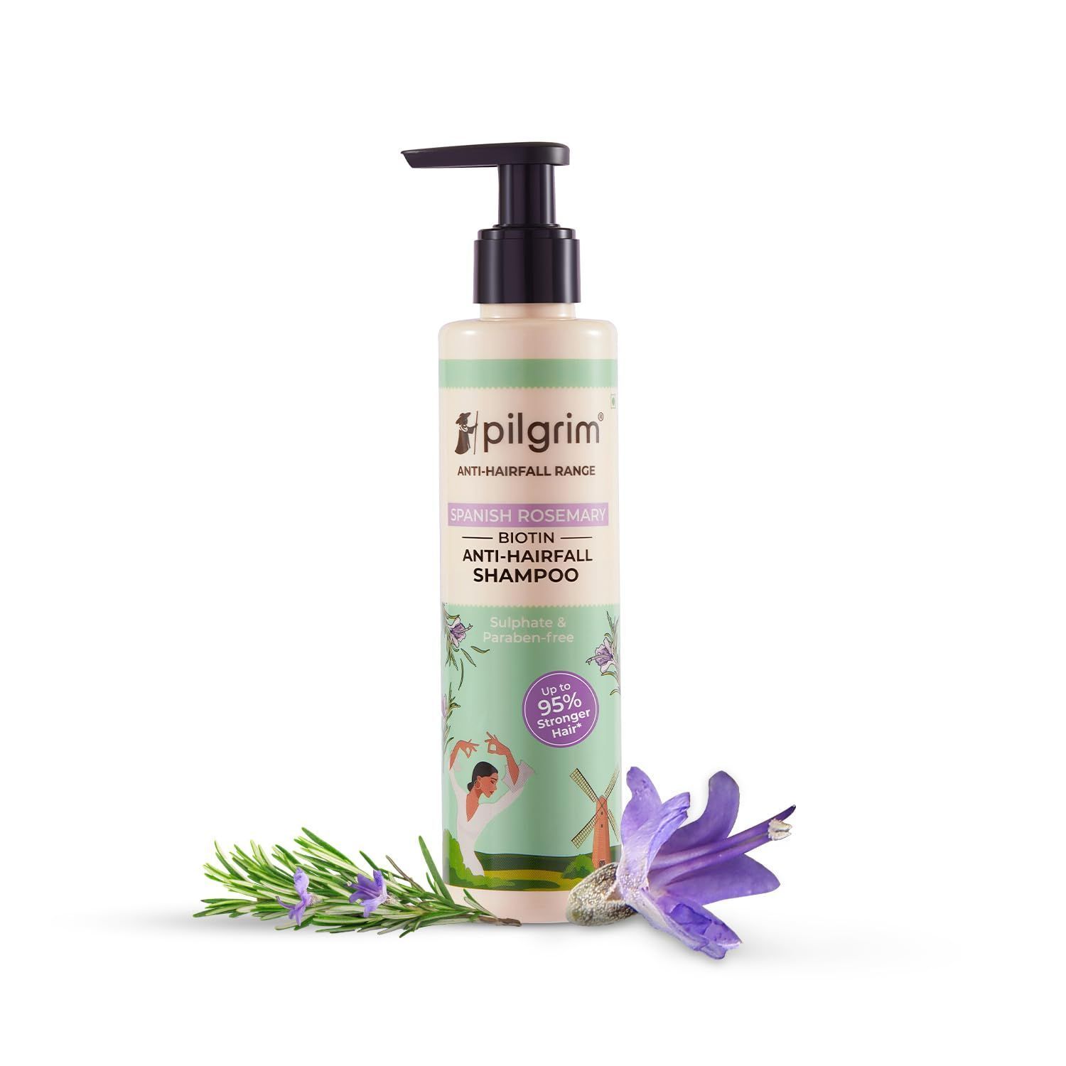 Pilgrim Spanish Rosemary & Biotin Anti Hairfall Shampoo for Reducing Hair Loss & Breakage | Upto 95% stronger hairs | Suitable for all hair types | For Men & Women 200ml