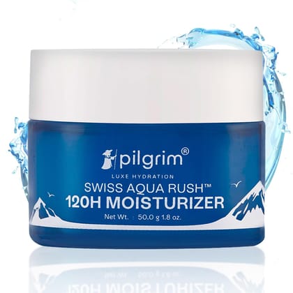 Pilgrim Swiss Aqua Rush� 120H Moisturizer for face| Crafted with powerful hydrators-Swiss Aqua Rush� & PatcH20�| Strengthens skin barriers| Plump & glowing skin| 120 Hrs of Increased hydration| 50gm