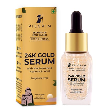 Pilgrim 24K Gold Face Serum With Niacinamide & Hyaluronic Acid, Dewy Primer For Face Make-Up For All Skin Types, Korean Skin Care For Unisex, 20ml