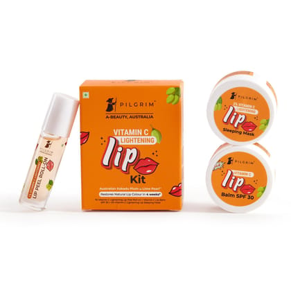 Pilgrim Vitamin C Lip Lightening Kit for dark lips with Australian Kakadu Plum & Lime Pearl |Lip Care Kit For dark, dry & chapped lips| Lip care kit With Lip Peel Roll on, Lip Sleeping Mask & Lip Balm