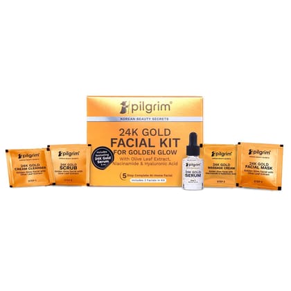 Pilgrim 24K GOLD FACIAL KIT For Instant Radiance & Golden Glow with 5 easy steps | with Gold Cream Cleanser, Gold Scrub, Gold Massage Cream, Gold Facial Mask, Gold Serum | All Skin types | 30 Gm