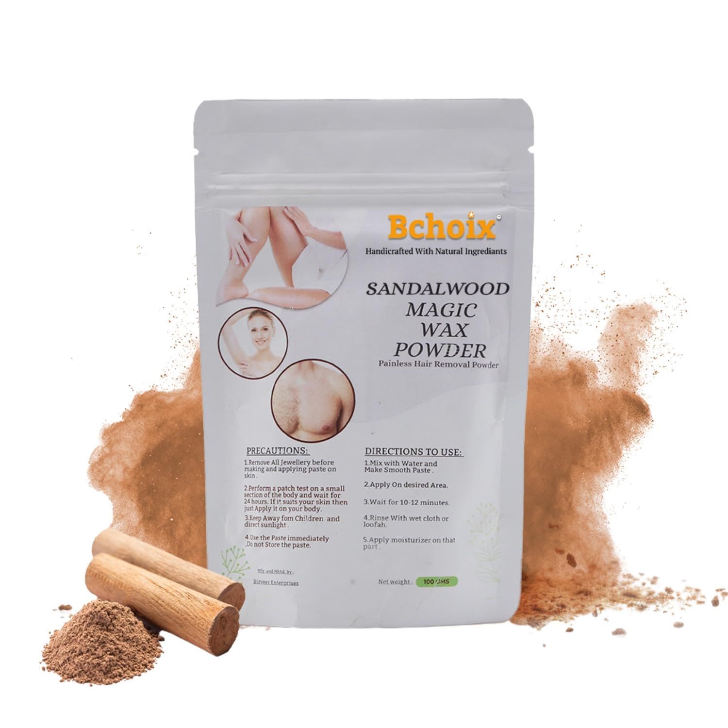 Bchoix Natural Herbal Wax Powder No Side Effects | Unisex Hair Removal Powder For All Hair & Skin Types Leg,Hand,Chest,Bikini Area Organic Hair Removal Wax Powder For Bikini,(Sandalwood 100gm 1)