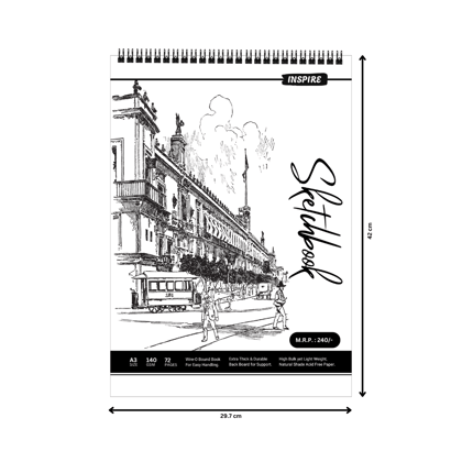 INSPIRE A3 Sketch Book - 72 Pages - 140 GSM Paper - 29.7 cm x 42 cm - Pack Of 1