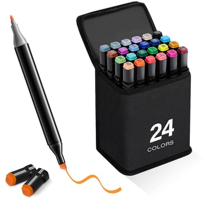 24 Pcs Dual Tip Alcohol Markers Set, Non-Toxic Art Supplies for Kids & Adults, Perfect Drawing, Illustration in Coloring Books Pen with Carry Case Set Colour Broad Drawing Sketching