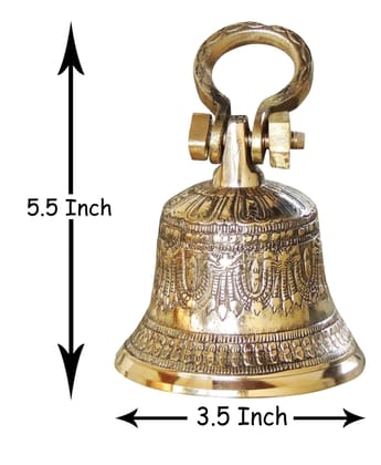 Brass Hanging Temple Pooja Bell, Ghanta Embose - 3.5*3.5*5.5 inch (Z221 C)