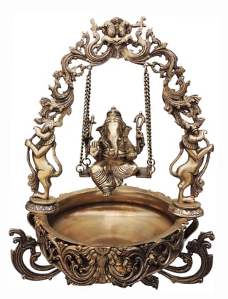 Brass Made Lord Ganesha On swing figure Home/Event Decor Urli - 15.5*14.7*21.5 inch (BS012 G)