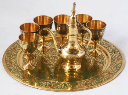 Brass Wine Set With Six Glass One Surahi MIniature Toy for Children Playing  - 9.5*9.5*0.5 inch (Z346 C)