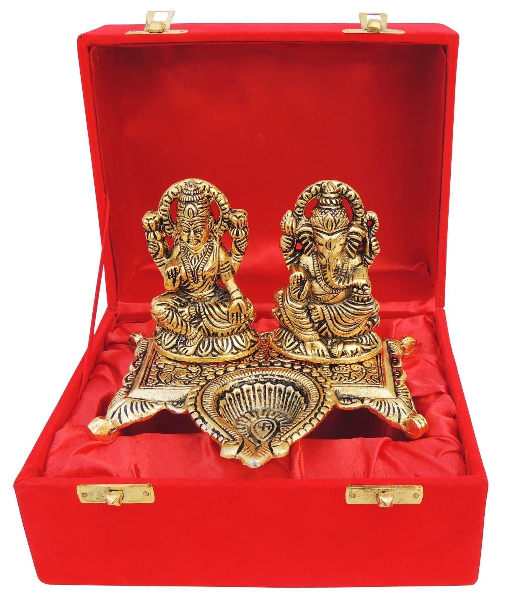Showpiece Aluminium Laxmi Ganesh Deepak - 6*4.5*4.2 inch (AS370 G)