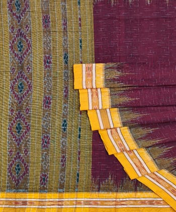 Maroon Yellow Nuapatna Handwoven Single Ikat Cotton Saree