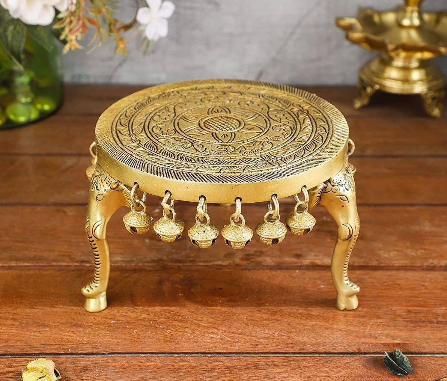 Brass Round Shape Chowki For God Idol Statue - 6.5*6.5*4.3 inch (BS697 G)