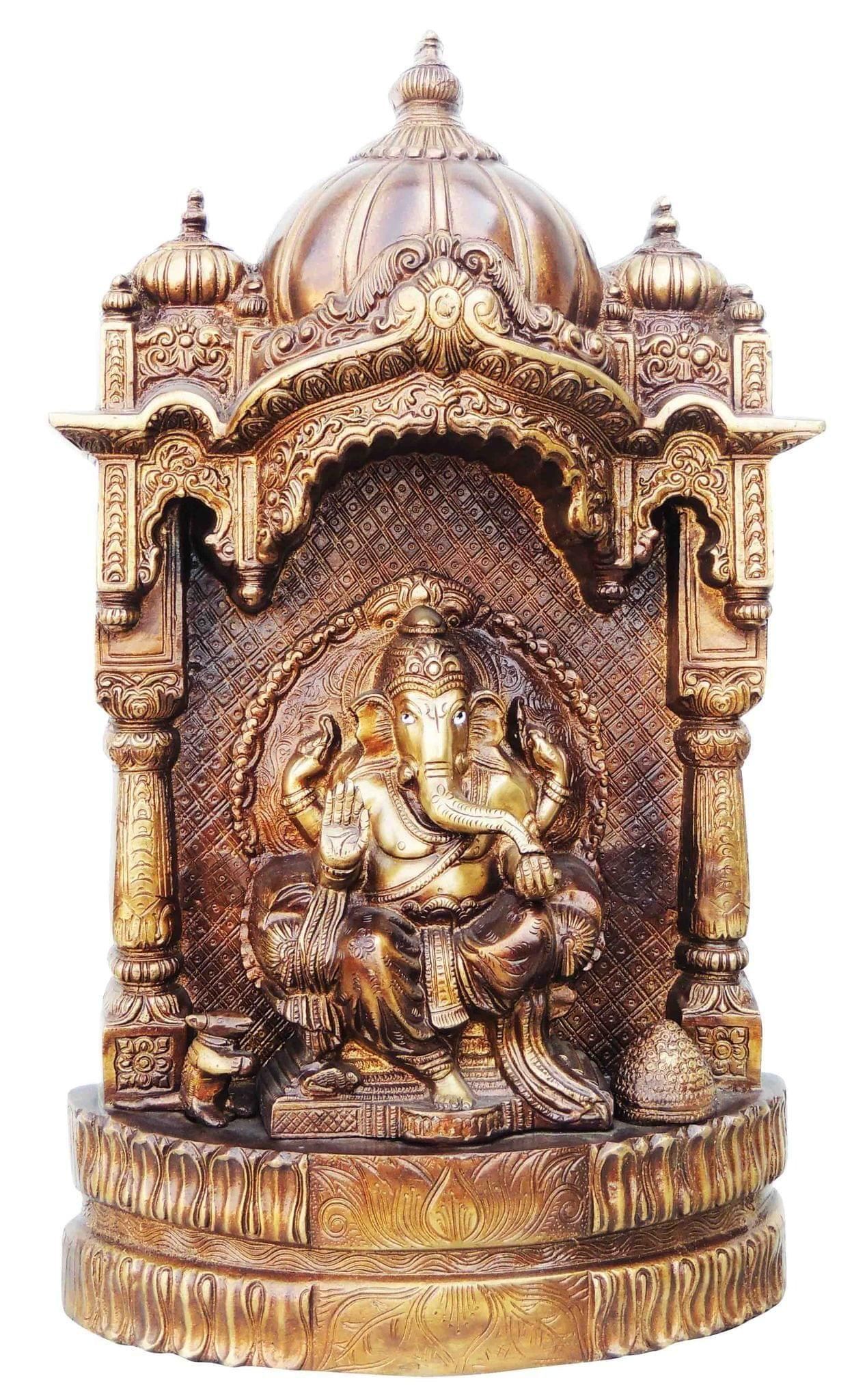 Brass Showpiece Ganesh Ji With Temple God Idol Statue - 9.8*3.6*16.5 Inch (BS678)