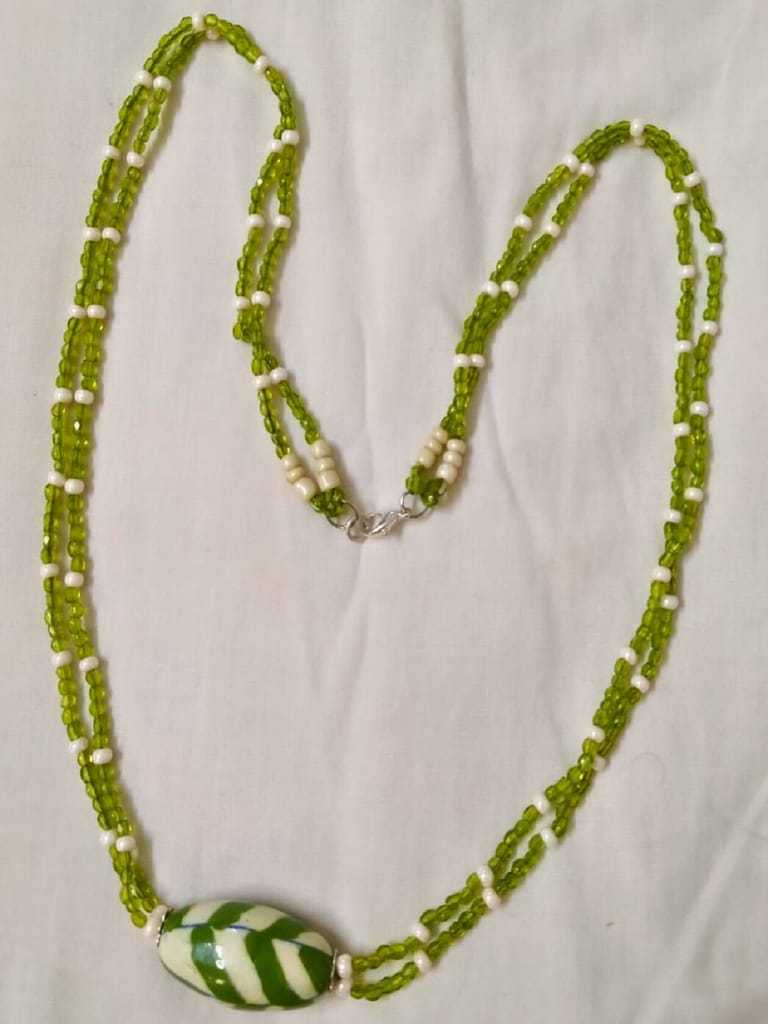 Glass Beads Necklace with Pottery Bead Pendant-(NL-02)