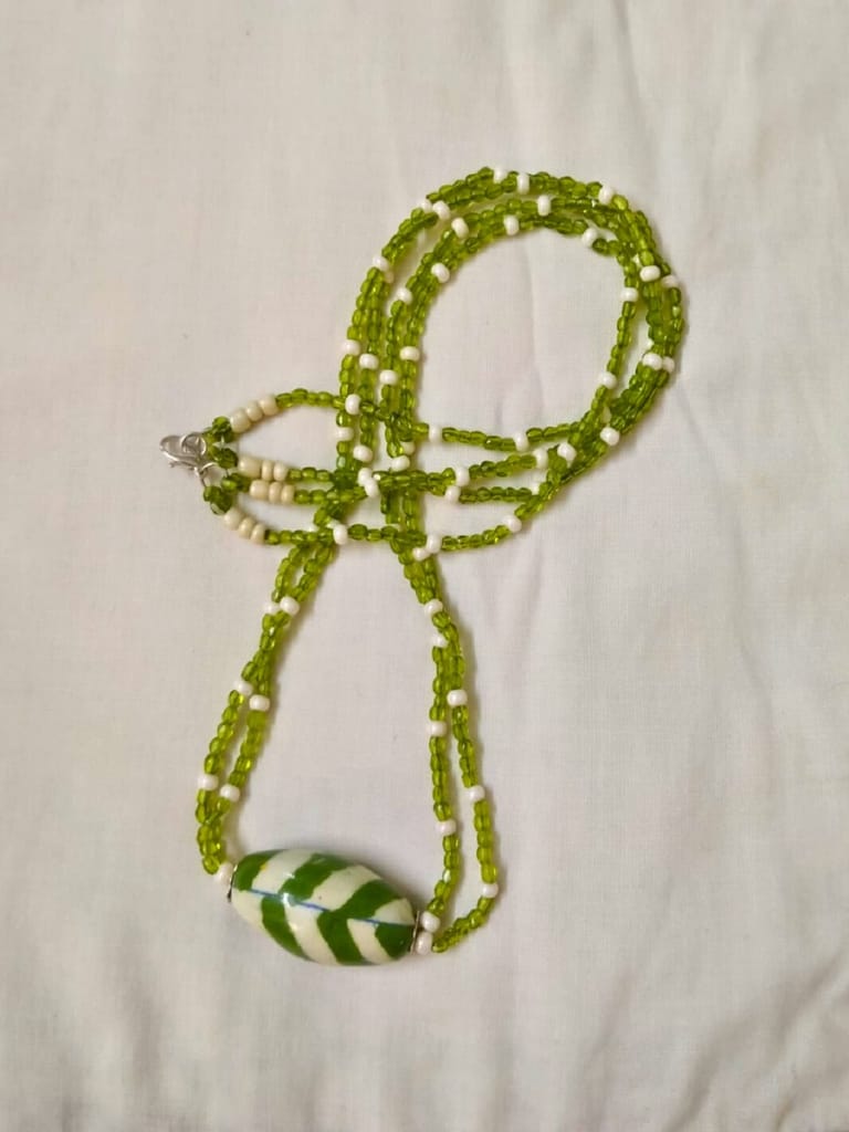 Glass Beads Necklace with Pottery Bead Pendant-(NL-02)