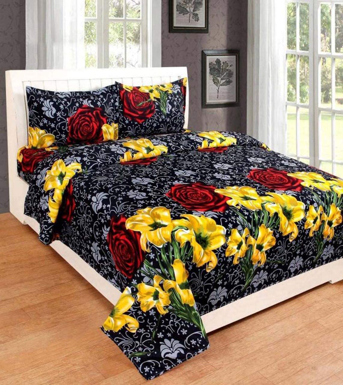 Nisha HANDLOM Glace Cotton King Size Double Bedsheet (Multi_Set of 1 Bedsheet and 2 Pillow Covers) (Multi 17)