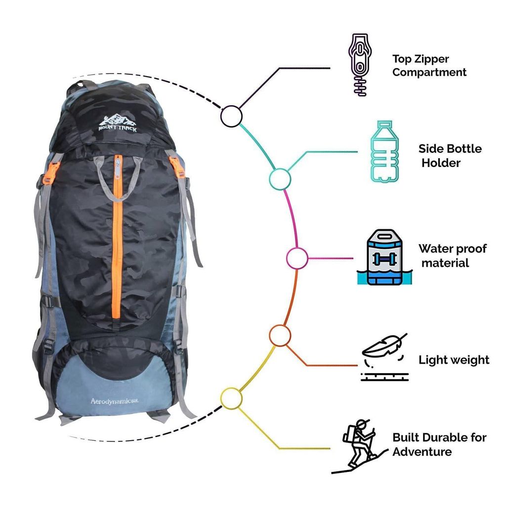 MOUNT TRACK discover internal frame camping backpack trekking hiking rucksack travel bag/water proof rain Cover/shoe compartment black