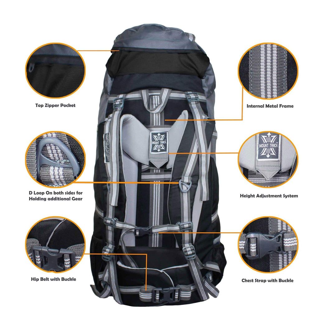 MOUNT TRACK discover internal frame camping backpack trekking hiking rucksack travel bag/water proof rain Cover/shoe compartment black