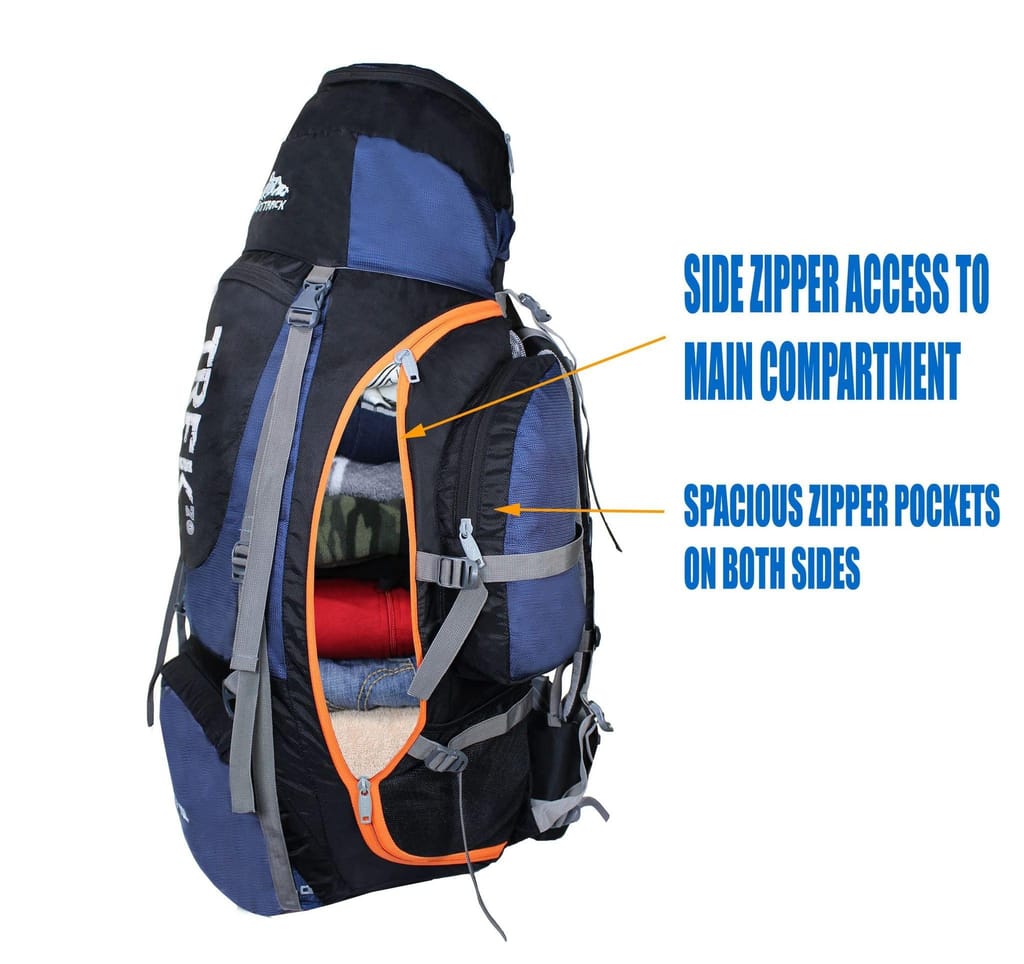 MOUNT TRACK 70 Ltrs internal frame camping backpack trekking hiking rucksack travel bag front & top loading/water proof rain Cover/shoe compartment (Blue)