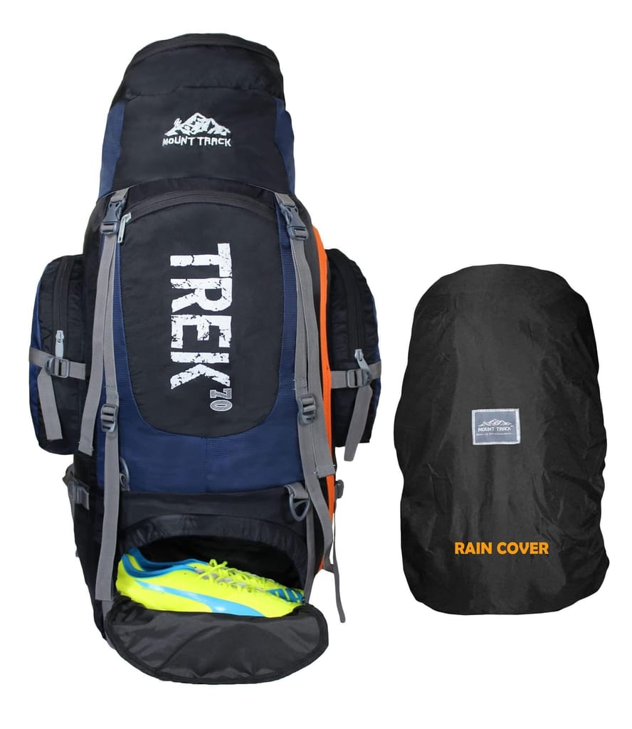 MOUNT TRACK 70 Ltrs internal frame camping backpack trekking hiking rucksack travel bag front & top loading/water proof rain Cover/shoe compartment (Blue)