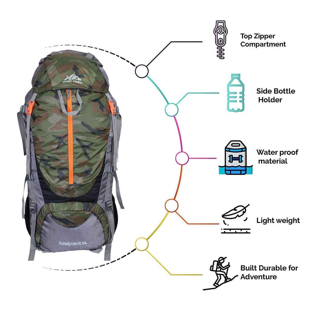 Mount Track Discover Internal Frame Camping Backpack Trekking Hiking Rucksack Travel Bag/Water Proof rain Cover/Shoe Compartment Camouflage