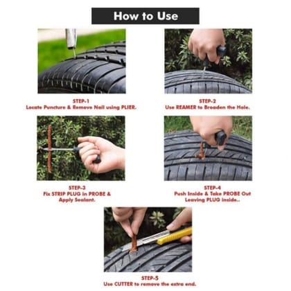 Puncture kit Cars,Bikes for tubeless Tyre with 10 Strip Rubber Cement (Black)