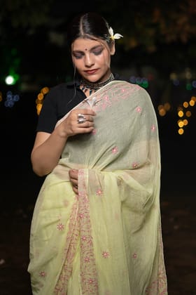 Shwet  Yellow  Chikankari Kota Cotton Saree