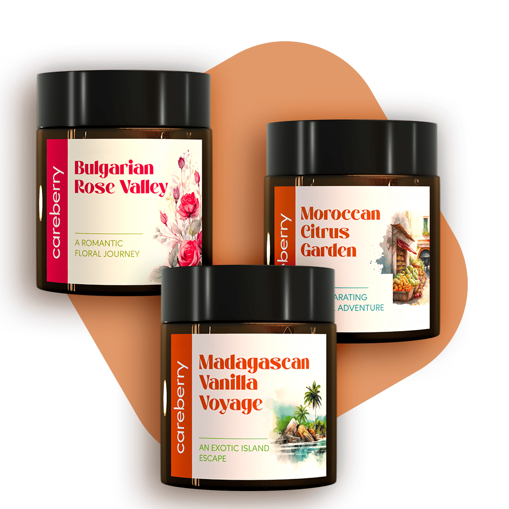Careberry's Exotic Escape Candle Trio : Moroccan Citrus Garden Candle + Madagascan Vanilla Voyage Candle + Bulgarian Rose Valley Candle (100g Each)