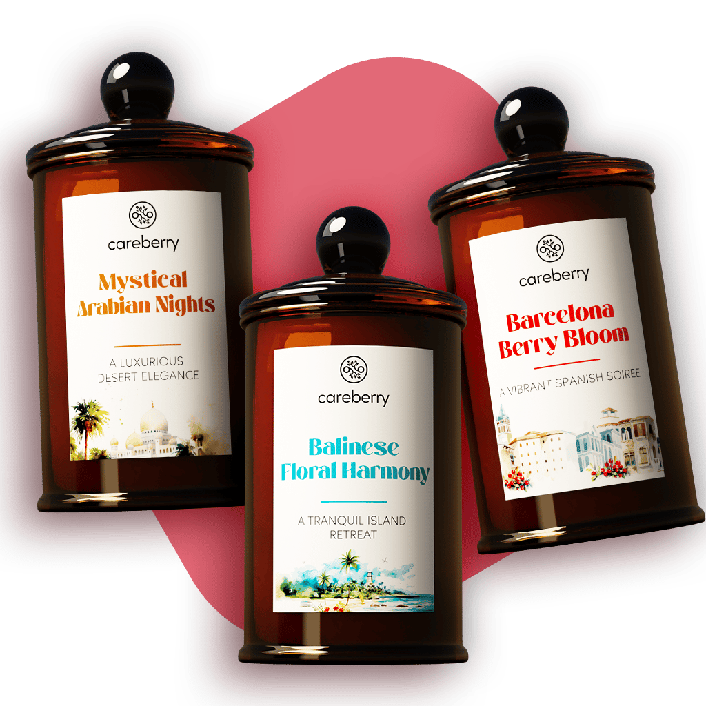 Careberry's Exquisite Candle Collection (Set of 3): Mystical Arabian Nights, Barcelona Berry Bloom, and Balinese Floral Harmony (100g Each)