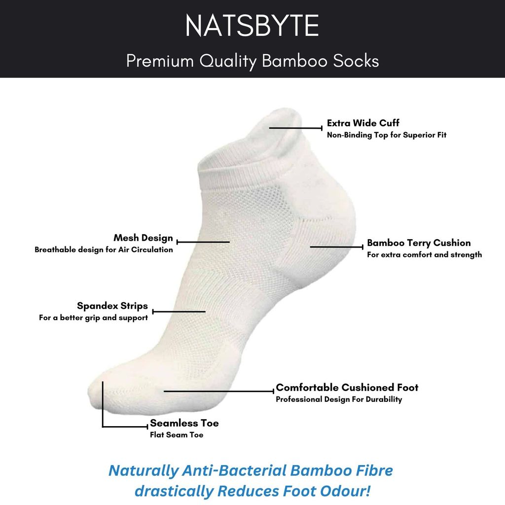 Natsbyte Bamboo Socks for Men | Ankle Length | Odour-Free & Breathable | Padded Base & Anti-bacterial | 3X Softer than Cotton Socks- White
