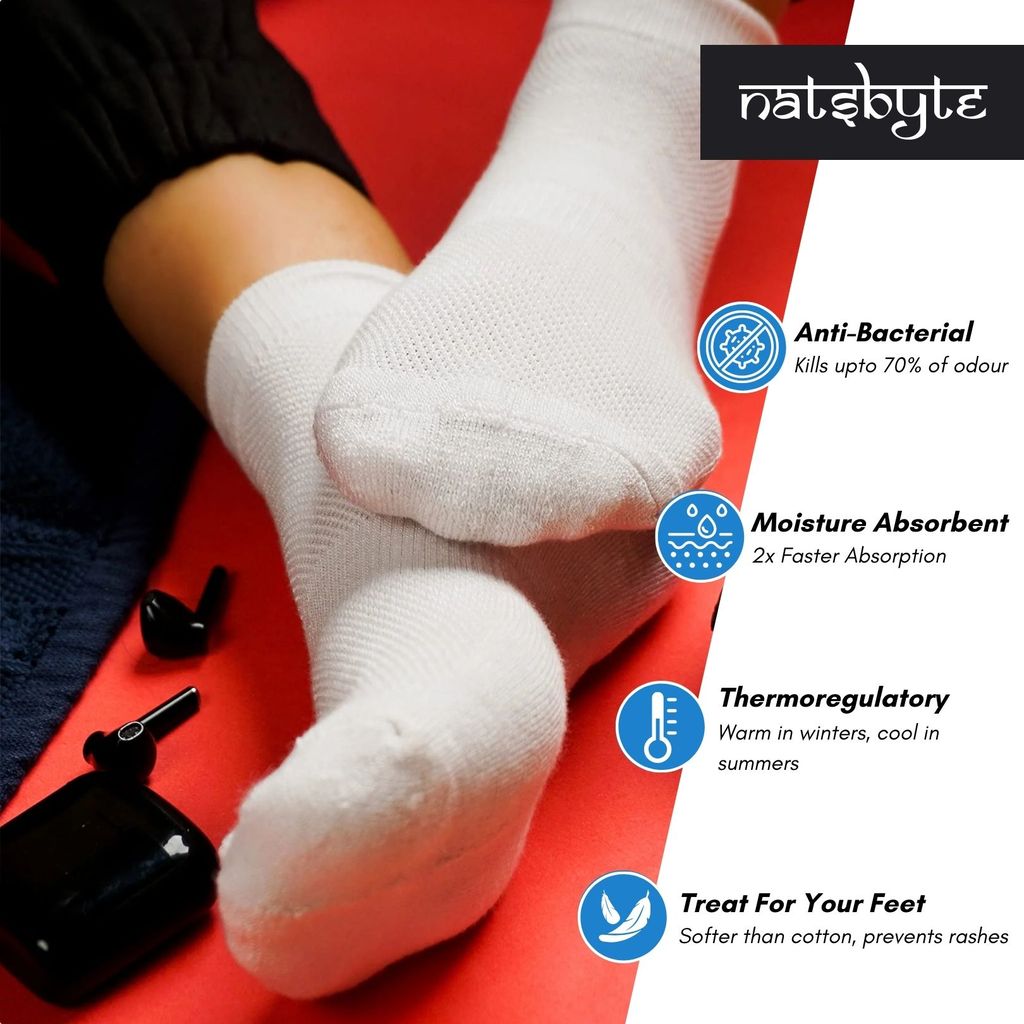 Natsbyte Bamboo Socks for Men | Ankle Length | Odour-Free & Breathable | Padded Base & Anti-bacterial | 3X Softer than Cotton Socks- White