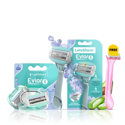 LetsShave Evior 6 Body Hair Removal Razor for Women with Wide Head & Open Flow Cartridge | Dual Moisture Bar & Micro Comb Guard Bar | Women Razor for Under Arms, Legs & Bikini Area | Razor + Pack of 2 Blades