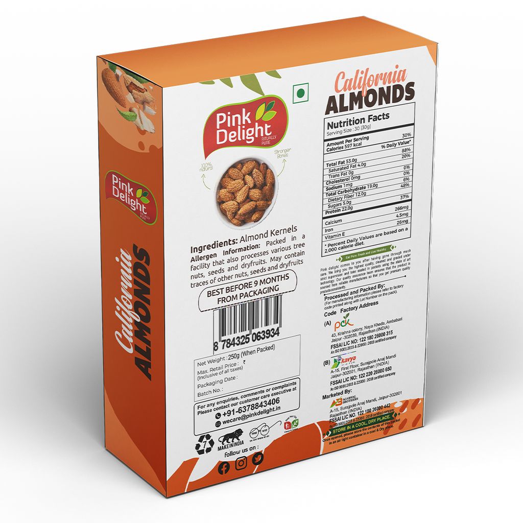 Pink Delight | Badam (Almonds) | Natural & Organic Dry Fruilts | 250 Gm Box Pack